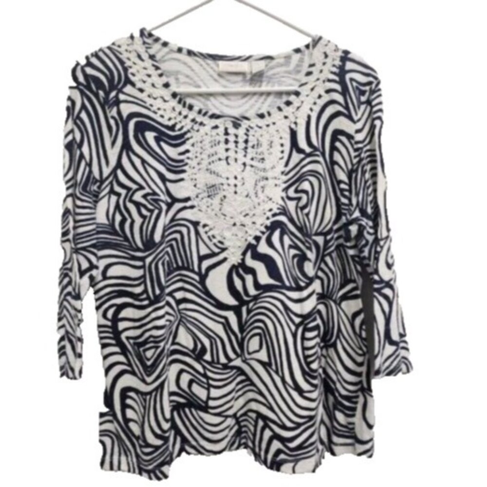 Chicos Womens Knit Top Medium Black White Swirl Print Crochet 3/4 Sleeve BOHO